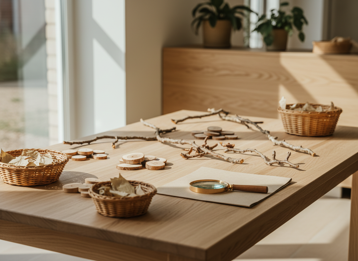 Rustige houten tafel met natuurlijke materialen voor een pedagogische activiteit.