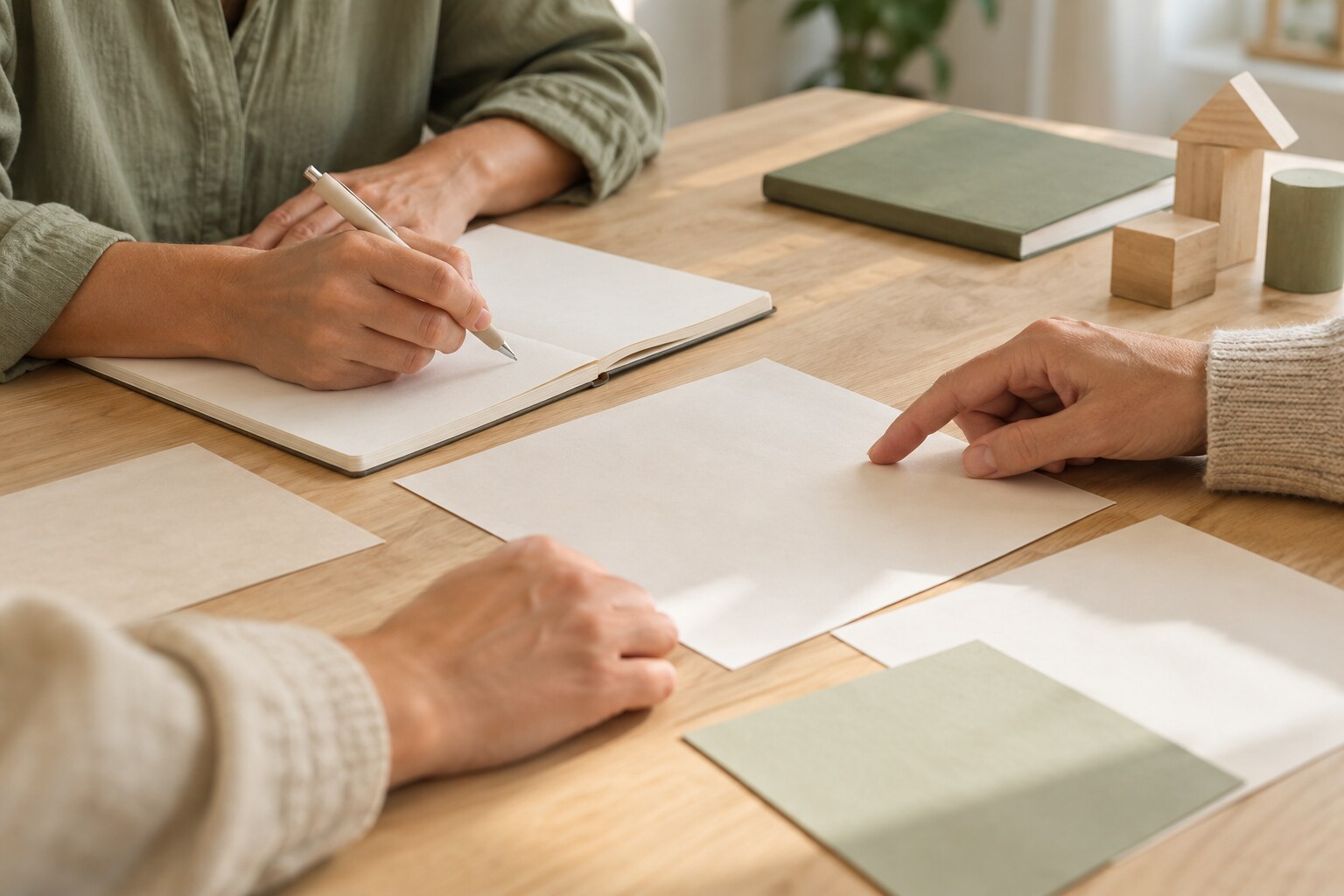 Illustratief beeld van professionals die aan een houten tafel samen notities bespreken.