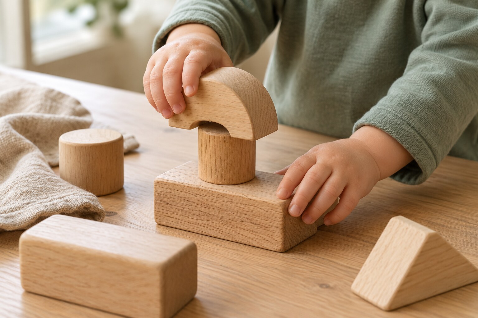 Illustratief beeld van kinderhanden die grote houten blokken verkennen.